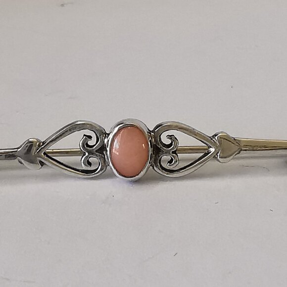 English Silver Vintage Double Heart Design Coral Stone Bar Brooch - Picture 8 of 10